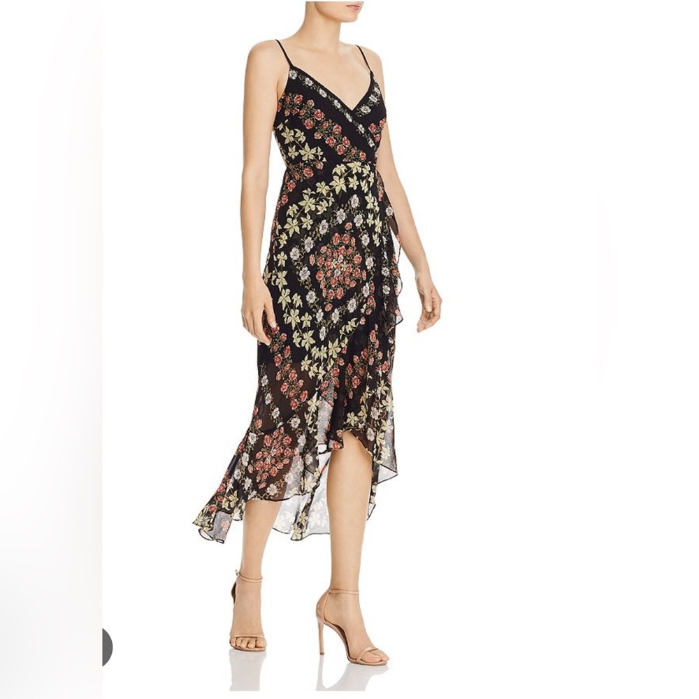 Guess Black Midi Dress with Red and Cream Floral Design